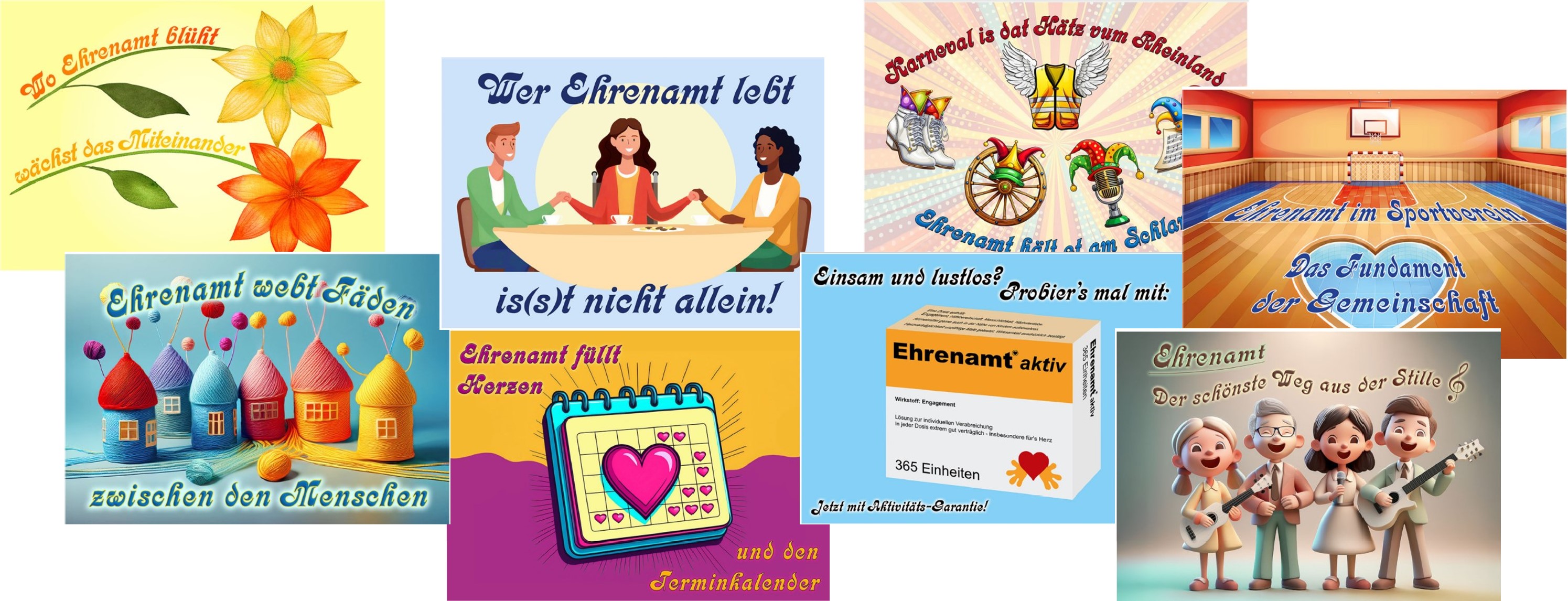 Übersicht der Postkarten zum Ehrenamt der Freiwilligen-Agentur , die für den Download verfügbar sind