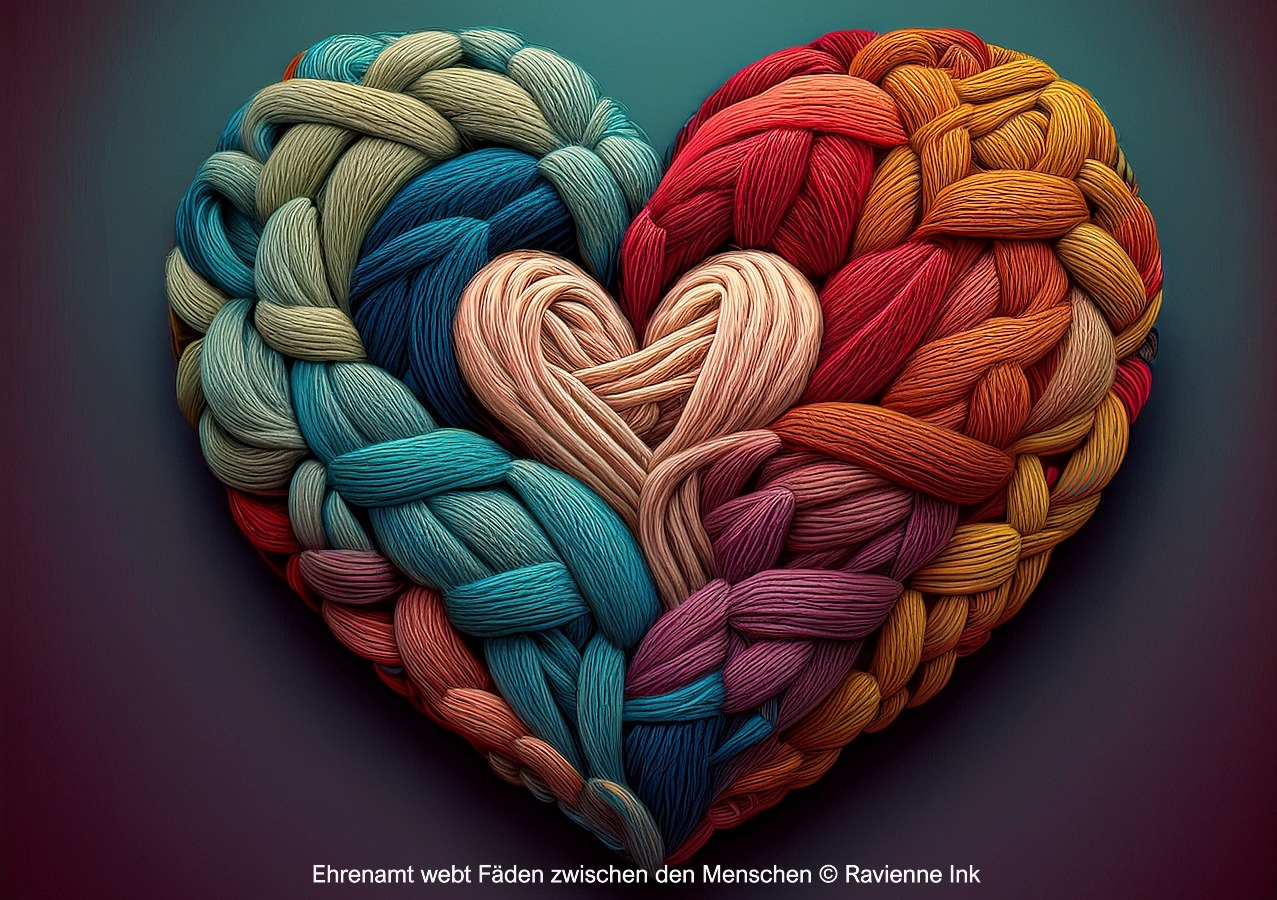 Ein großes, buntes Herz aus verflochtenen Fäden symbolisiert die Kraft des Ehrenamts.